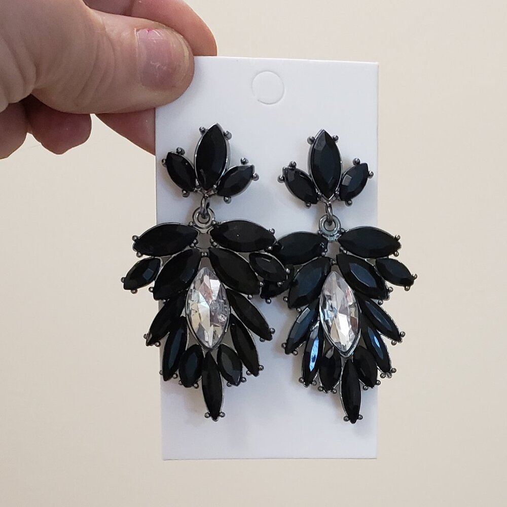 Black clear crystal rhinestone, vintage pierced drop statement earrings